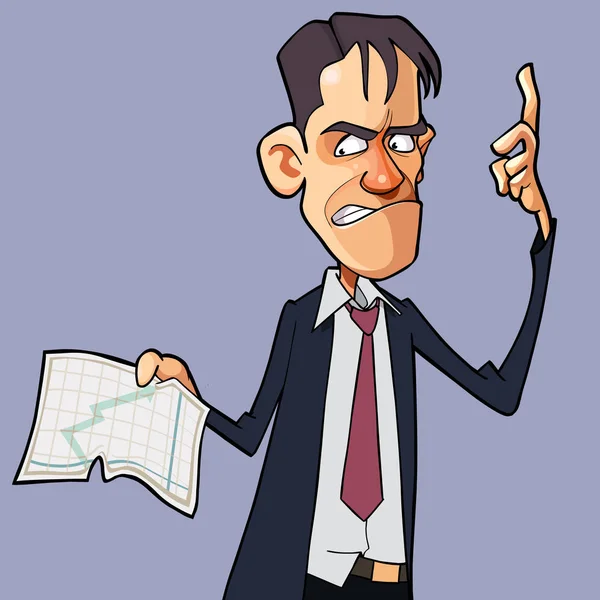 Cartone animato uomo arrabbiato mostra un grafico su un foglio di carta — Vettoriale Stock