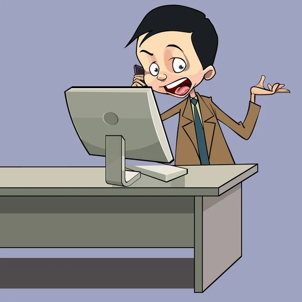 Pria kartun berbicara di telepon berdiri di meja dengan komputer - Stok Vektor