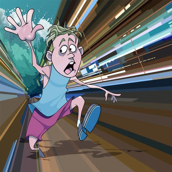 ผู้ชายการ์ตูนวิ่งหนีจากความกลัวจากคลื่นสึนามิยักษ์ — ภาพเวกเตอร์สต็อก