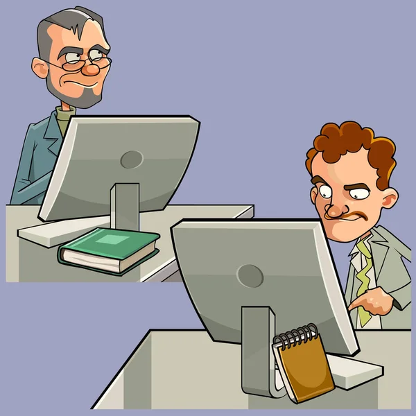 Γελοιογραφία από δύο άνδρες που κάθονται στα τραπέζια εργασίας υπολογιστή — Διανυσματικό Αρχείο