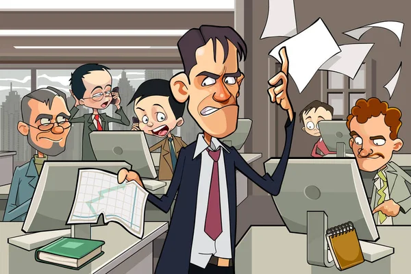 Hombre enojado de dibujos animados muestra un gráfico en una hoja de papel — Archivo Imágenes Vectoriales