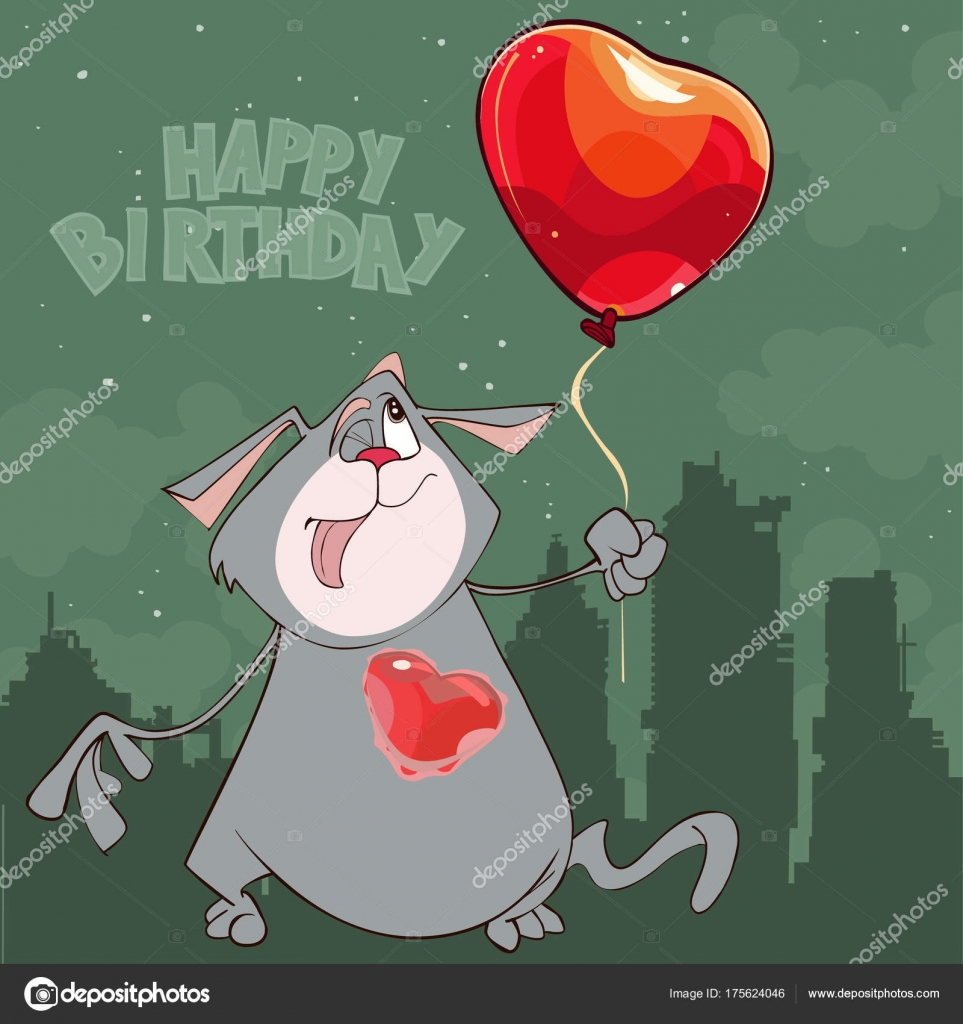 Chat Dessin Animé Avec Joyeux Anniversaire Ballon Coeur