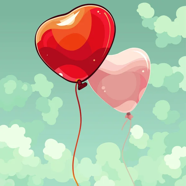 Dvě Kreslené Balon Srdce Letící Obloze — Stockový vektor