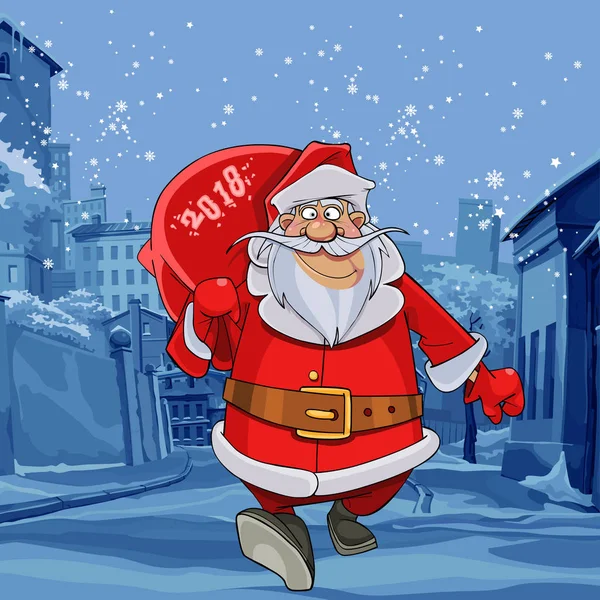 Dibujos animados Santa Claus camina en la calle de invierno con una bolsa 2018 — Vector de stock