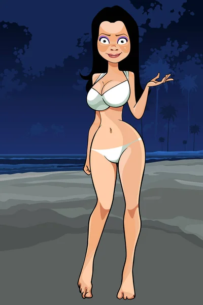 Dibujos Animados Mujer Bonita Traje Baño Playa Por Noche — Vector de stock