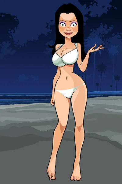 Cartoon Pretty Woman Swimsuit Beach Night — Stock Vector