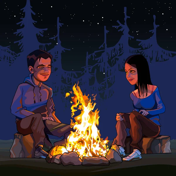 çizgi film adam ve bir kamp ateşi ile gece ormanda oturan kadın