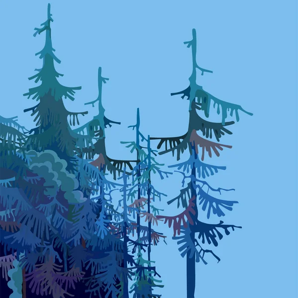 Mavi Yeşil Tonlarda Köknar Ağaçlarıyla Bir Karikatür Ormanın Parçası — Stok Vektör