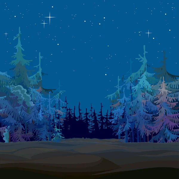 Bosque Abeto Cuento Hadas Dibujos Animados Estrellado Azul Por Noche — Vector de stock