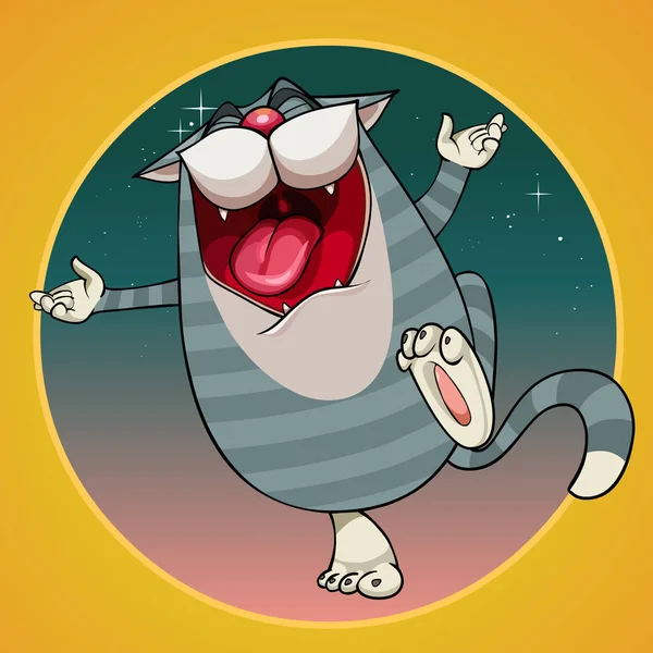 Cartoon Fröhlich Gestreifte Katze Spaß Singen Der Nacht — Stockvektor