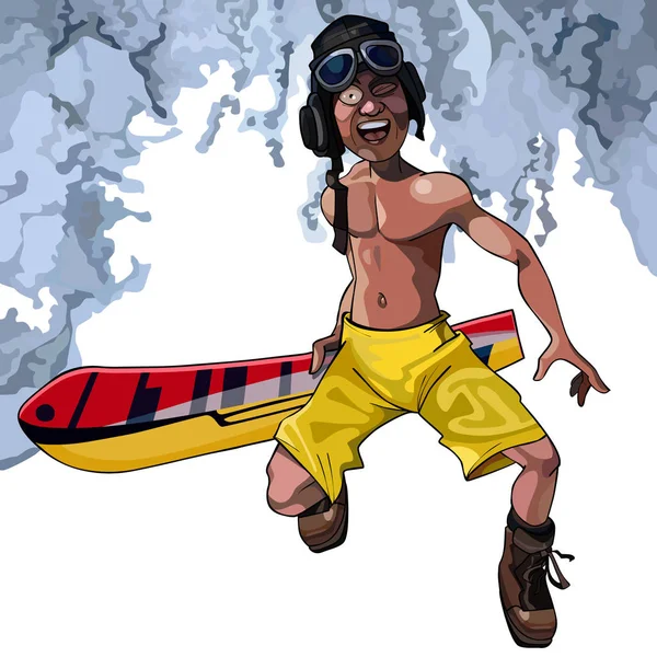 Desenho Animado Homem Engraçado Caminha Com Snowboard — Vetor de Stock