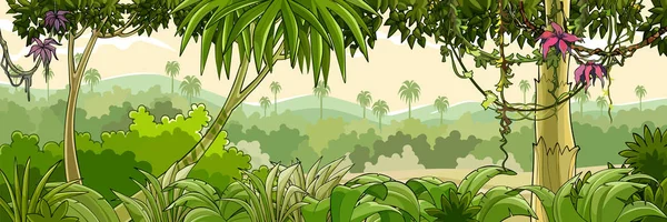 Panorama Cartoni Animati Verde Foresta Tropicale Con Palme — Vettoriale Stock