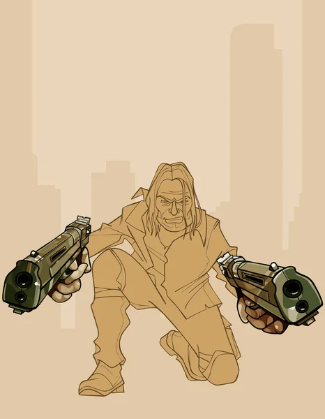 Szkic Brutalny Mężczyzna Mające Dwa Pistolety — Wektor stockowy