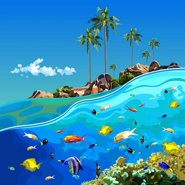 Cartoon mundo subaquático perto de uma ilha tropical — Vetor de Stock