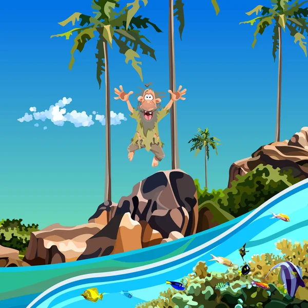 Kreskówka śmieszne człowiek skoków do morza w pobliżu wyspy tropikalne — Wektor stockowy