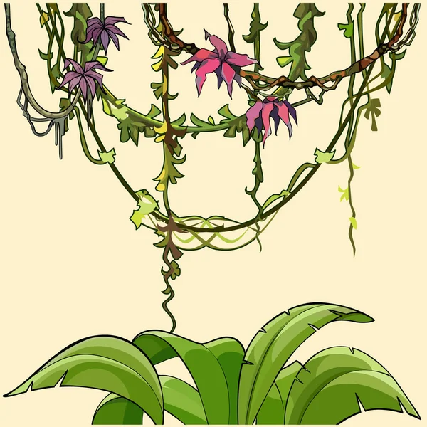 Karikatur tropischer Pflanzen Busch und Lianen mit Blüten — Stockvektor