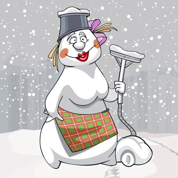 Desenho animado boneco de neve mulher com aspirador na mão —  Vetores de Stock