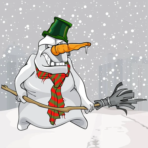 Cartoon mal assustador boneco de neve com vassoura nas mãos —  Vetores de Stock