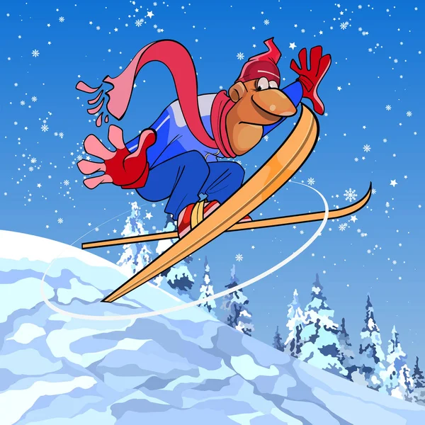 Cartoon maschio sciatore vola da una montagna innevata — Vettoriale Stock