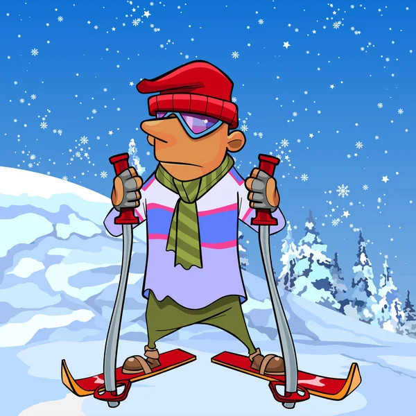 Cartoon skier standing on a snow mountain — Stock Vector