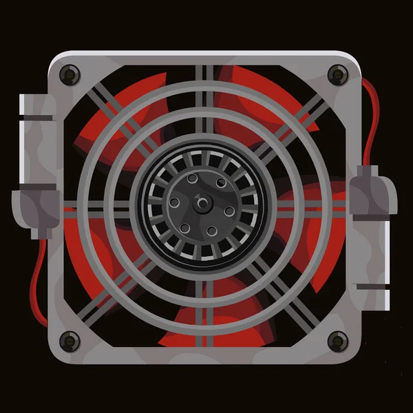 Ventilateur du système de refroidissement rouge derrière grille métallique grise — Image vectorielle
