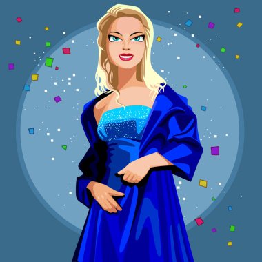 Mavi gece elbisesi içinde güzel kadın karikatür