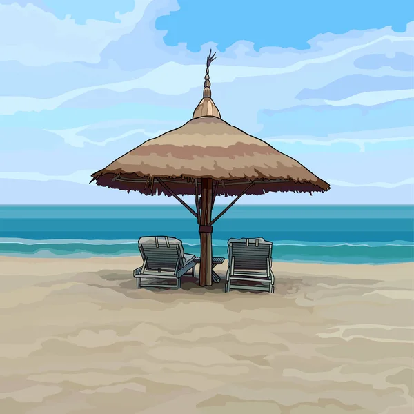 Bord de mer avec parasol et chaises longues — Image vectorielle