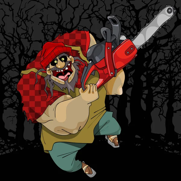 Cartoon verschrikkelijke en vrolijke man met een kettingzaag in het bos — Stockvector