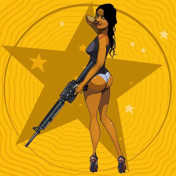 Cartoon sexy woman with automatic gun in hand — Stock Vector