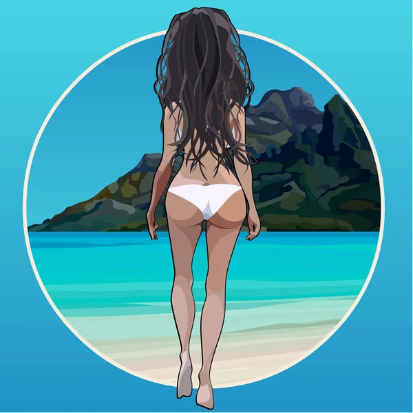 Kobieta kreskówka w strój kąpielowy spacery wzdłuż plaży — Wektor stockowy
