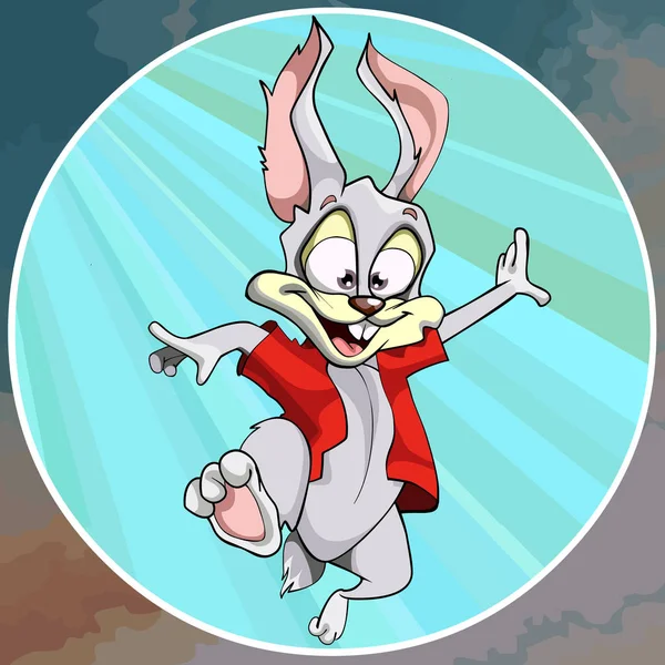 Cartoon joyful hare i en röd skjorta roliga hopp — Stock vektor
