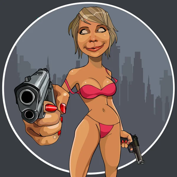 Cartoon funny woman in swimsuit with guns in each hand — Stock Vector