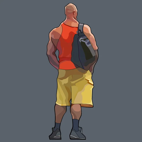 Dessin animé homme athlétique avec un sac à dos se tient avec son dos — Image vectorielle