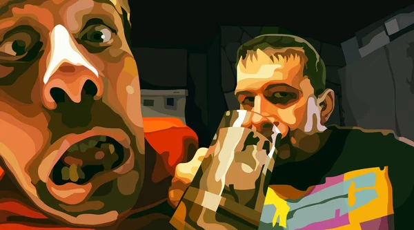 画有辱人格的醉酒饮酒可怕的两个男人 — 图库矢量图片