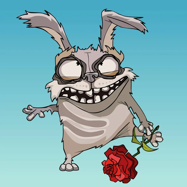 Cartoon skrämmande kanin med röd blomma i handen — Stock vektor