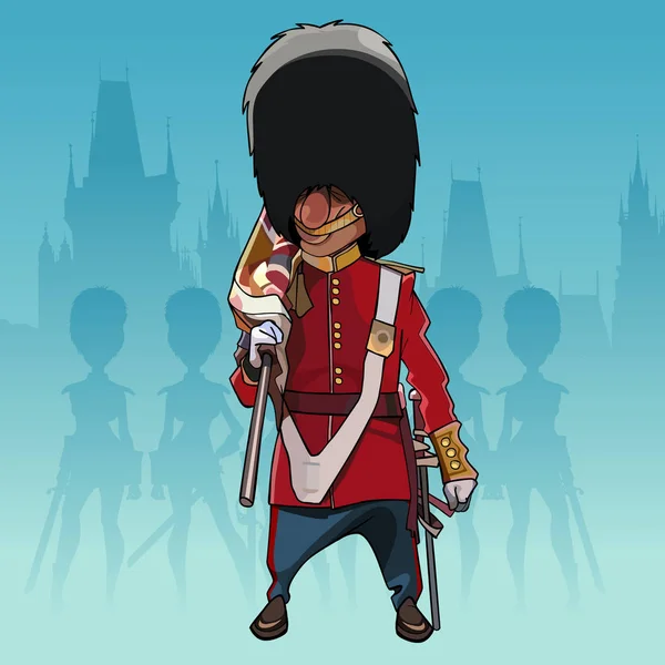 Cartoon soldat av den kungliga vakten med en rullade flagga på sin axel — Stock vektor