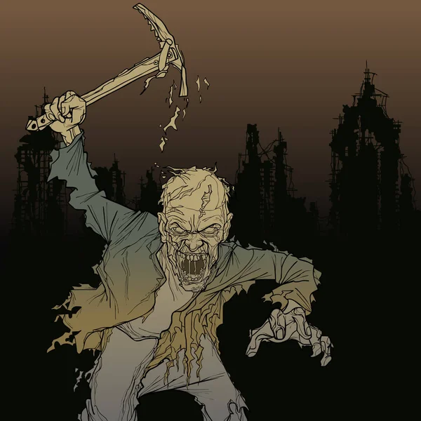 Zombie dessin animé homme avec un pic dans sa main dans les ruines de la ville — Image vectorielle