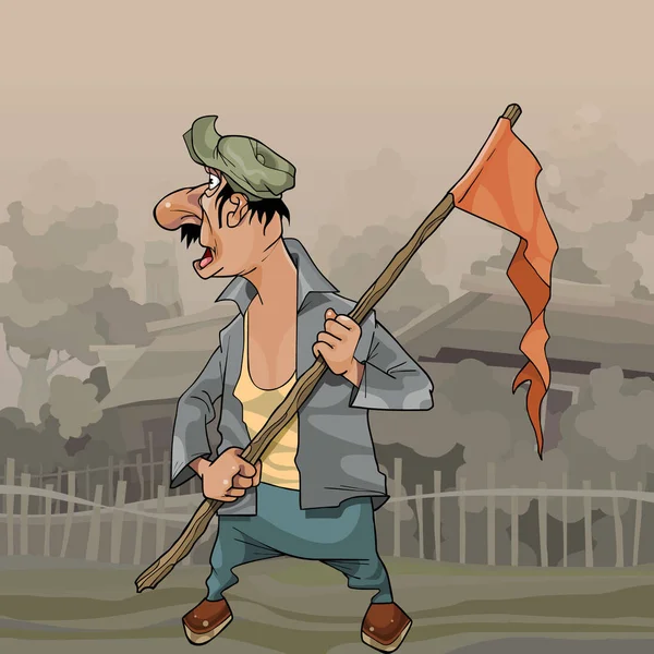 Мультяшний чоловік з прапором на палиці в селі — стоковий вектор