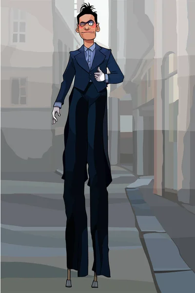 Payaso masculino de dibujos animados en traje negro en zancos caminando por la ciudad — Vector de stock