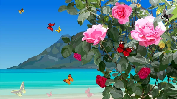 Блакитне узбережжя з кущами троянд та літаючими метеликами — стоковий вектор