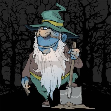 gece ormanda bir kürek ile çizgi film mavi cüce duruyor