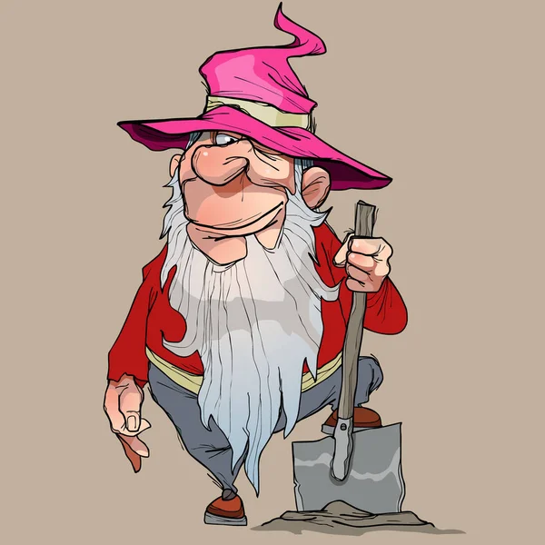Cartoon dvärg i en rosa hatt står med en spade — Stock vektor