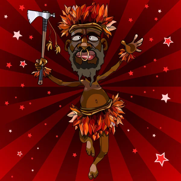 Мультфильм человек танцует в костюме аборигенов с топором — стоковый вектор