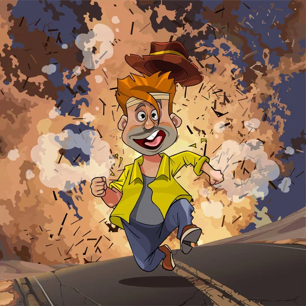 Cartoon man running away from an explosion on the highway — Stock Vector