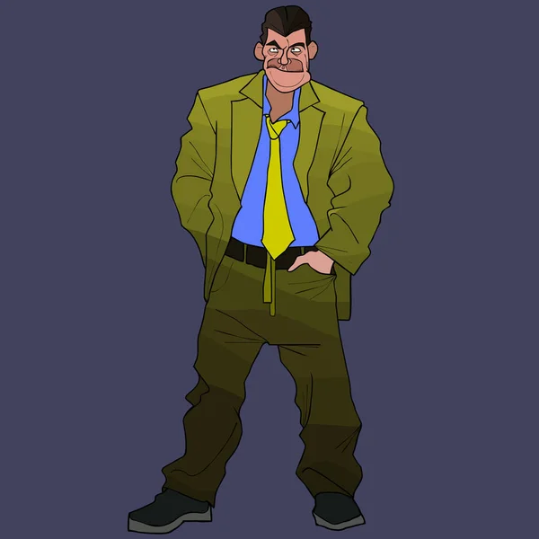 Cartone animato disordinato grande uomo in un abito verde con una cravatta — Vettoriale Stock
