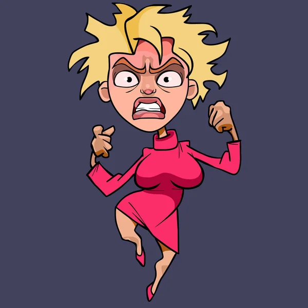 Cartoon vrouw Blond in roze jurk hysterisch boos — Stockvector