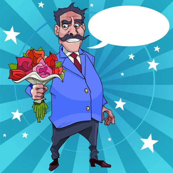 Uomo dei cartoni animati con i baffi desideri con i fiori in mano — Vettoriale Stock