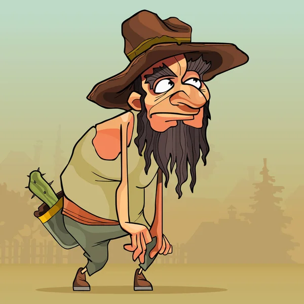 Uomo dei cartoni animati con la barba in un vecchio cappello sgattaiola attraverso il villaggio — Vettoriale Stock