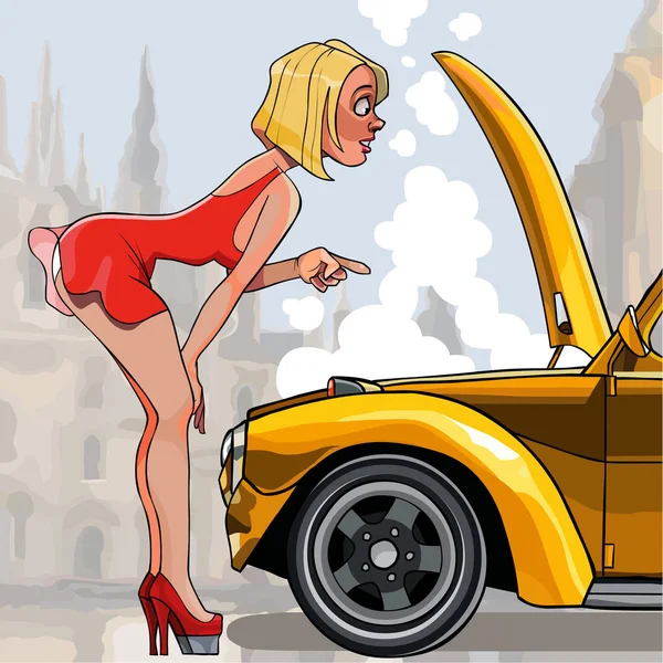 Sexy vrouw cartoon op zoek onder de motorkap van een auto — Stockvector