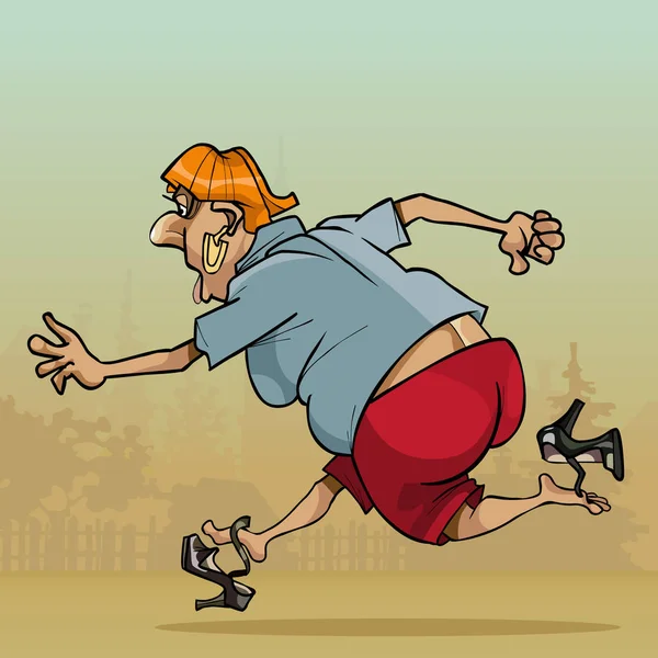 Mulher dos desenhos animados engraçado muito rápido correndo perdendo sapatos — Vetor de Stock